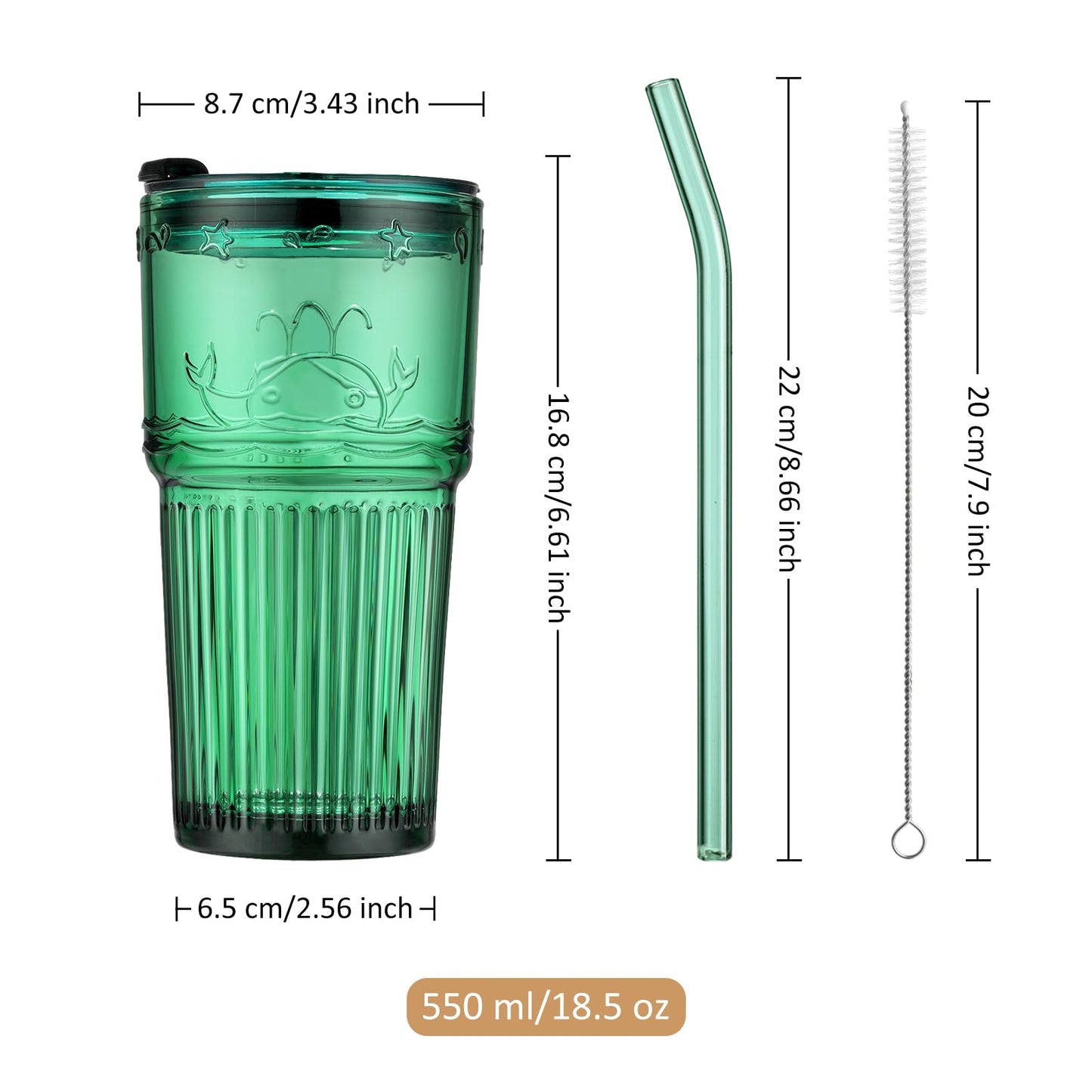 Joeyan 550ml Grün Trinkbecher mit Deckel und Strohhalm,Smoothie Shake Becher mit Gravierte Delfin,Cute Kaffeebecher mit tiermotive,Auslaufsicheres Unterwasserwelt Trinkgläser,Spülmaschinenfest,2er Set