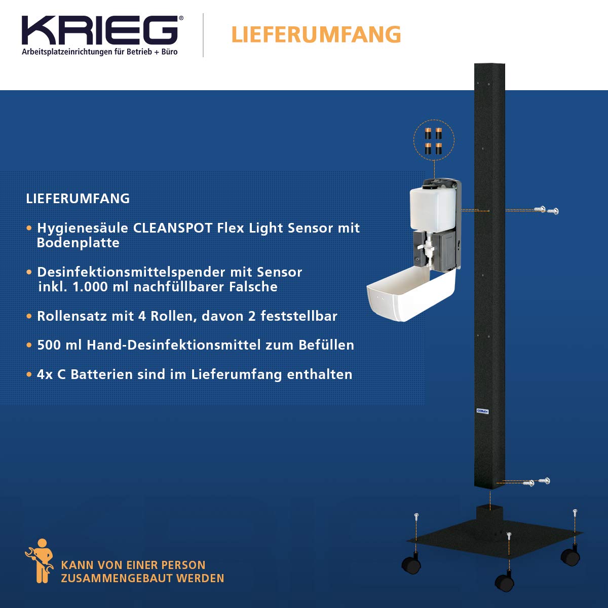 KRIEG Hygienestation mit Sensor I Anthrazit I Kontaktlos Hygienestation 1000 ml - 333 Sprühstöße I Desinfektionsstation freistehend, stabil, höhenverstellbar, automatisch I Hygienesäule Ready to go