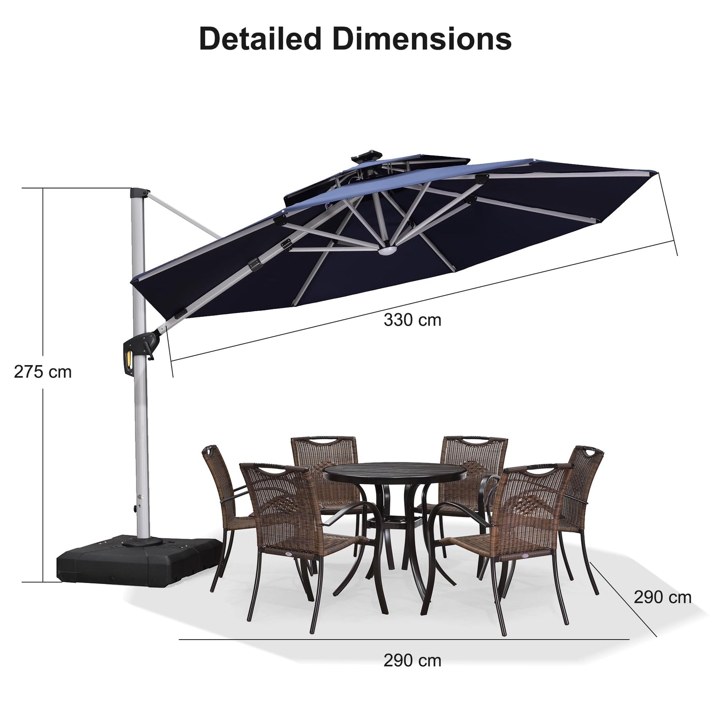 PURPLE LEAF Sonnenschirm Ø 330 cm mit Led Solar Beleuchtung Ampelschirm Marktschirm Gartenschirm Kurbelschirm Terrassenschirm mit Kurbel, 360° Rotation, Sonnenschutz UV50+, Marineblau