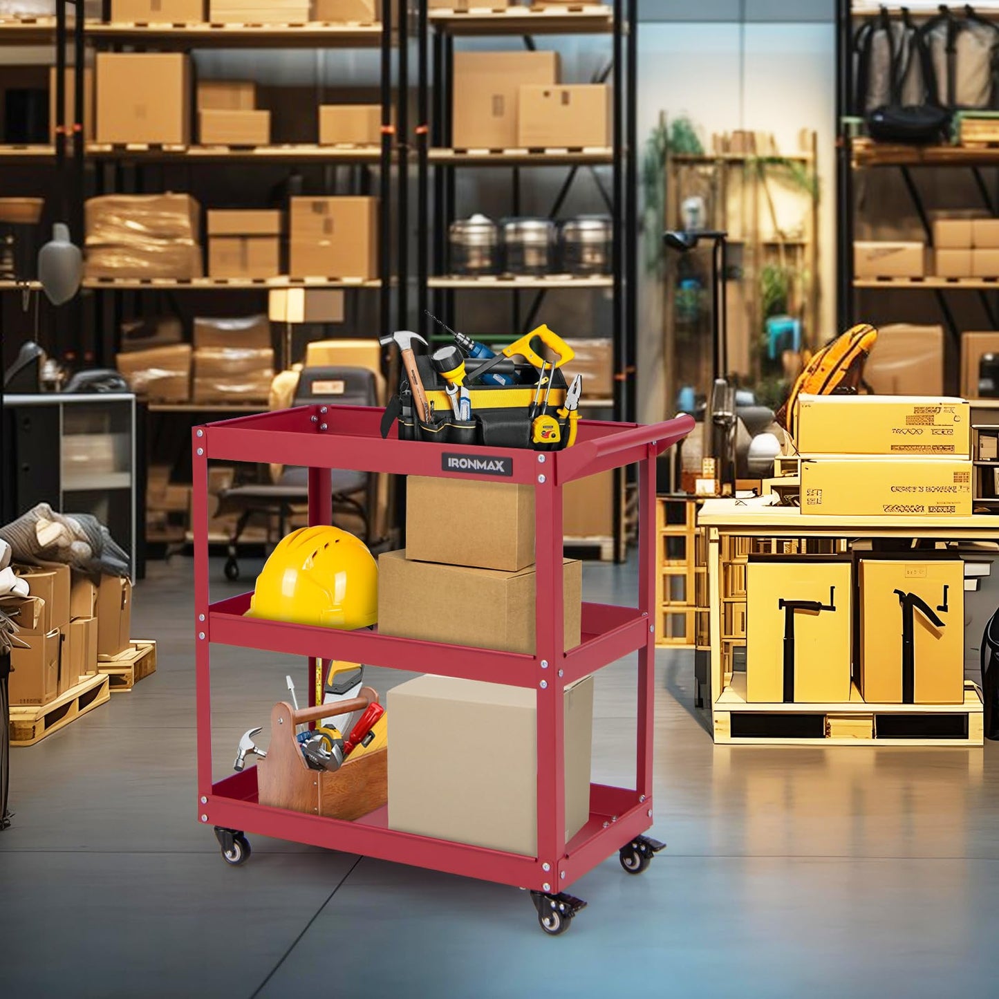 COSTWAY Werkstatt-Rollwagen mit 2 Etagen, Werkzeugwagen mit Handgriff, Werkstattwagen aus Metall, bis zu 100 kg belastbar, Montagewagen Etagenwagen für Zuhause, Garage, 85 x 41 x 79 cm (Rot)