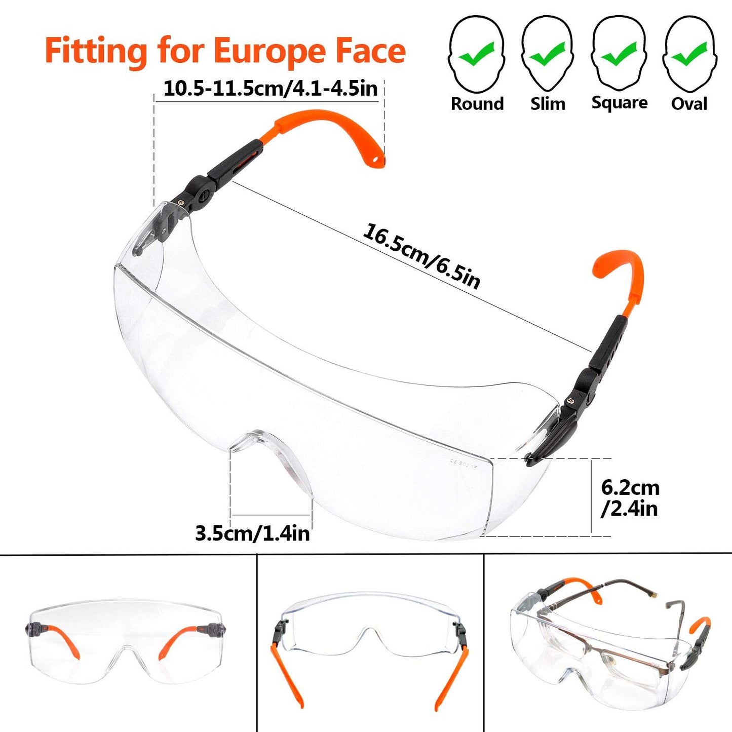 SAFEYEAR Schutzbrille für Brillenträger-SG009,Ausgestattet mit Anti-Kratzer und Anti-Fog Linsen UV400-Schutz,CE EN166-Zertifizierung，Mit Seitenschutz, umlaufender Brille, verstellbaren Brillenbeinen