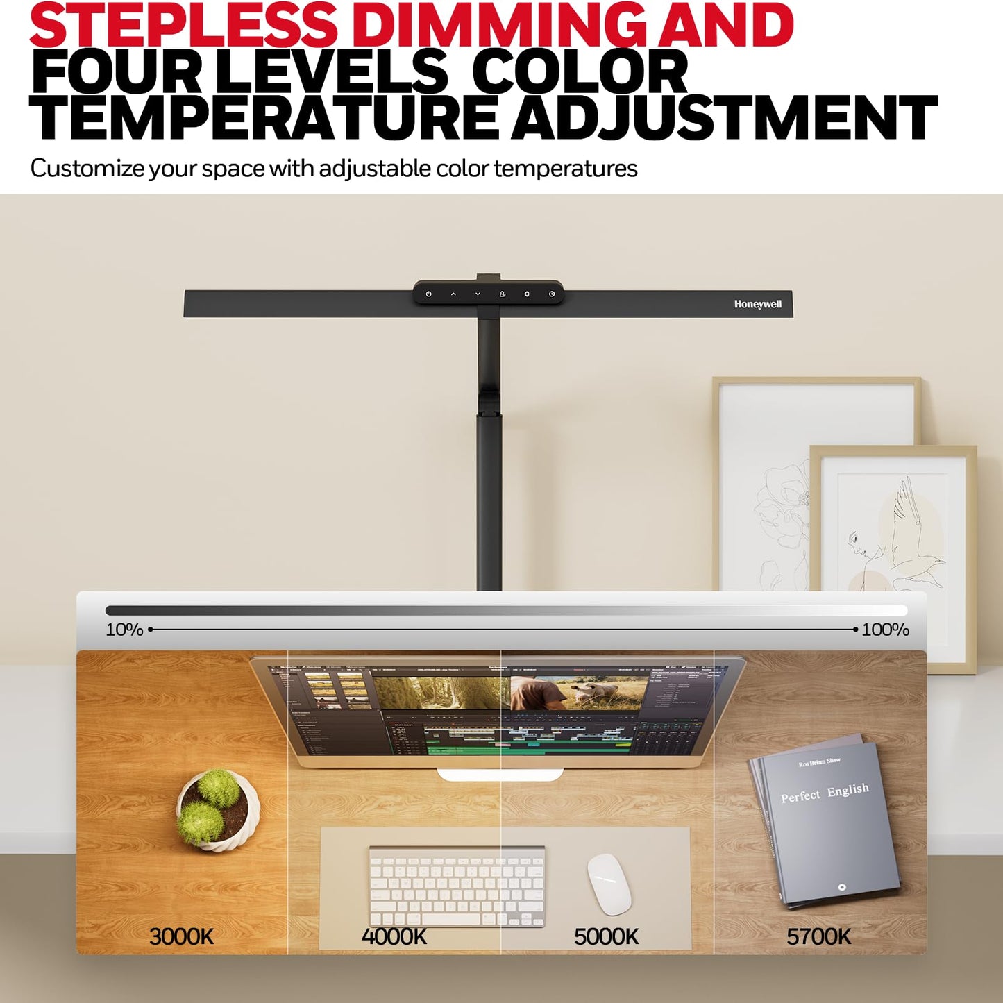 Honeywell LED Schreibtischlampe Büro - HJ1 Sunturalux™ Augenschonende Schreibtischlampe mit Klemme für Büro Zuhause, Dimmbare Touch-Schreibtischleuchte Flexible Zwei-Sektions-Architekten-Klemmleuc