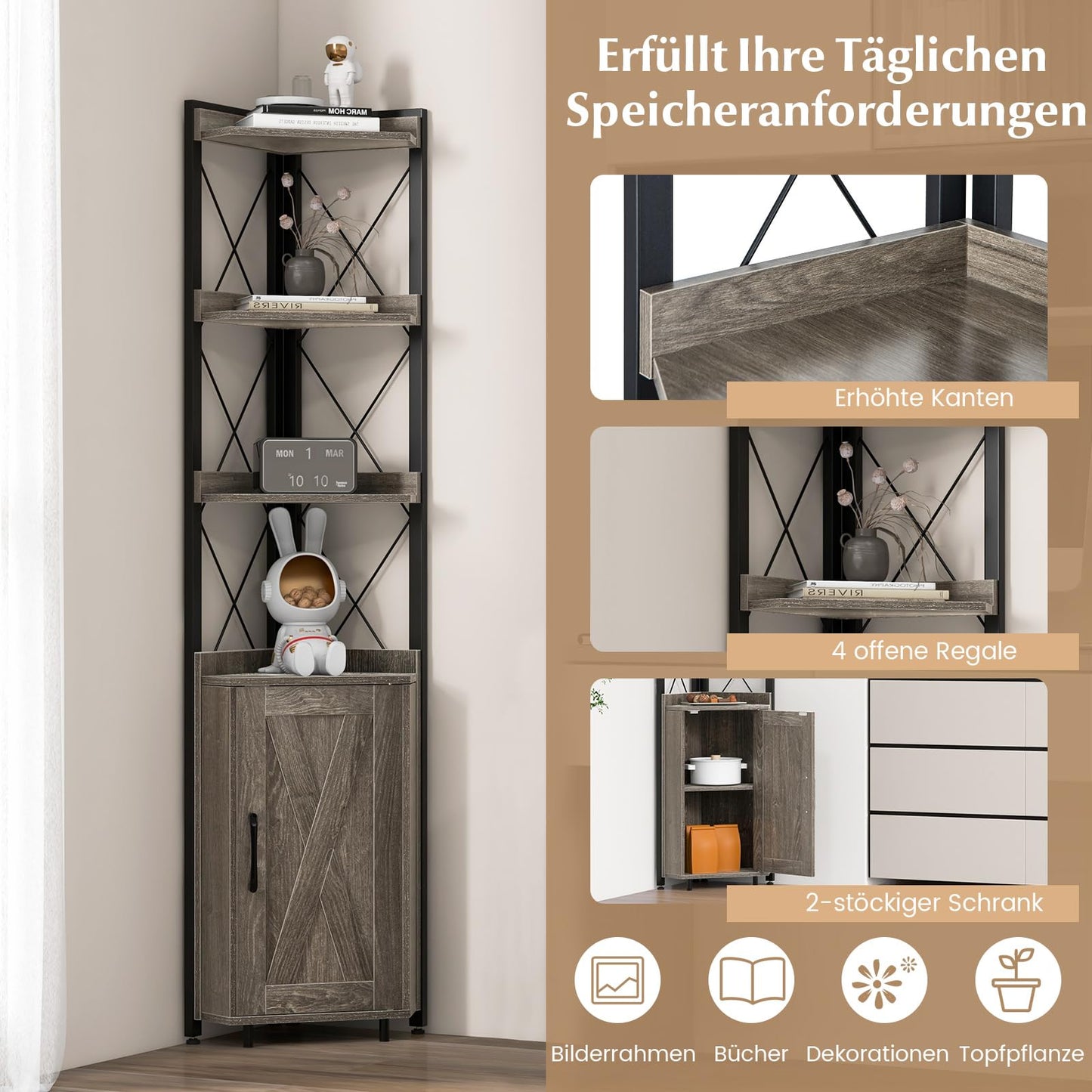 COSTWAY 6-stöckiges Bücherregal, Standregal industriell, Hochschrank schmal mit 4 Ablagen & verstellbaren Regalen, Küchenschrank Eckschrank platzsparend, 48 x 32 x 180 cm (Grau)