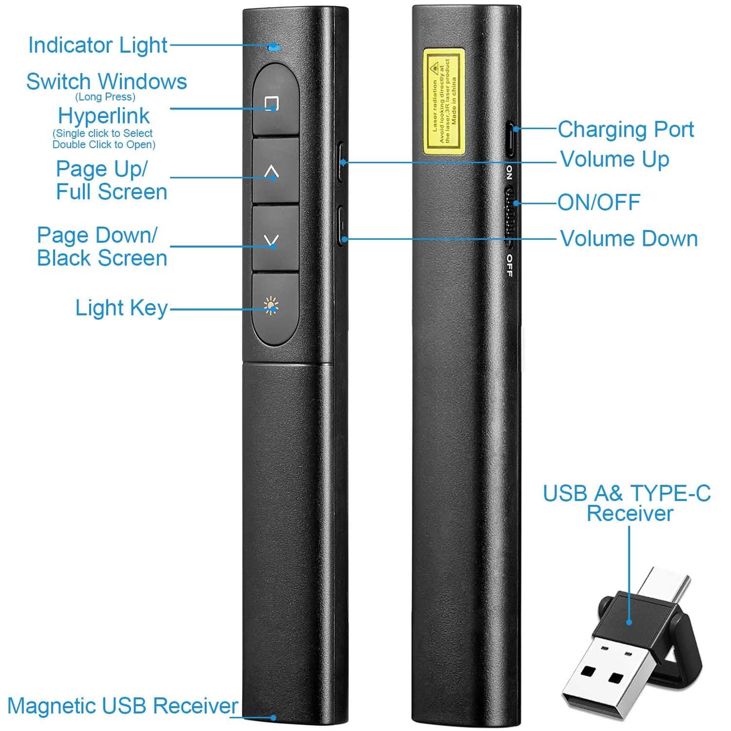 USB/Type-C 2-in-1 Wireless Presenter Aufla-dbarmit Hyperlink Lautstärkeregler, 2.4Ghz Powerpoint Fernbedienung Pointer für Präsentationen Klicker, Kabelloser Präsenter für Mac Laptop