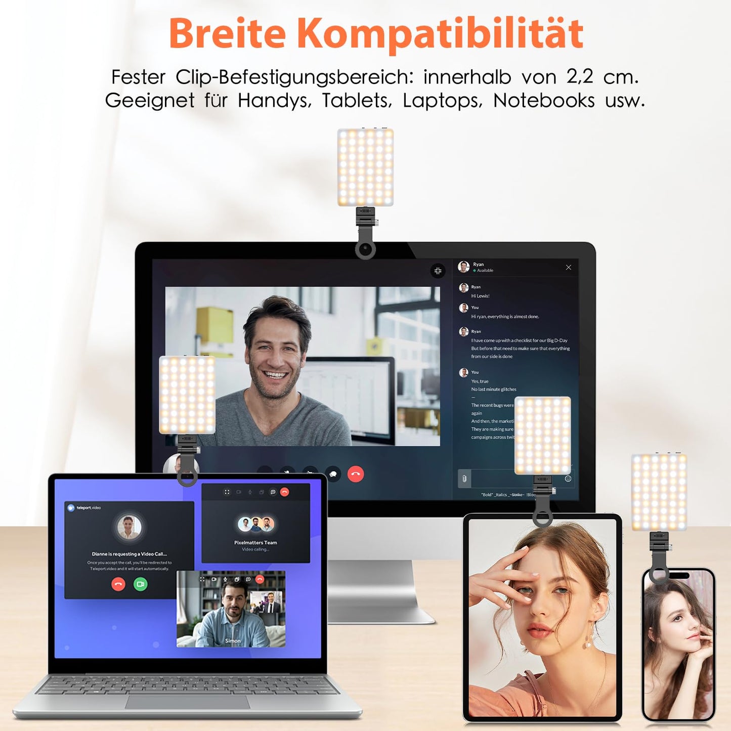 TONEOF Selfie Licht Handy, 60LED Wiederaufladbares Videolicht mit Clip&Zwei 1/4" Schraubenlöchern, 2500K–9000K 3 Lichtmodi, Tragbares Foto Licht für Handy/Laptop/Tablet-Schwarz