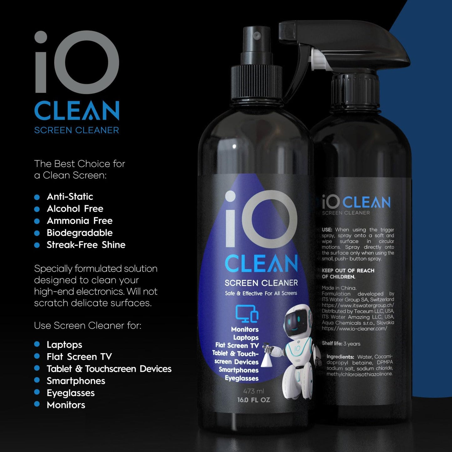 iO Clean Bildschirmreiniger Spray (16oz - 473ml) – Bestes großes Reinigungsset für LCD-LED-OLED-Fernseher, Smartphone, iPad, Laptop, Touchscreen, Computermonitor, andere Geräte – Mikrofasertüche