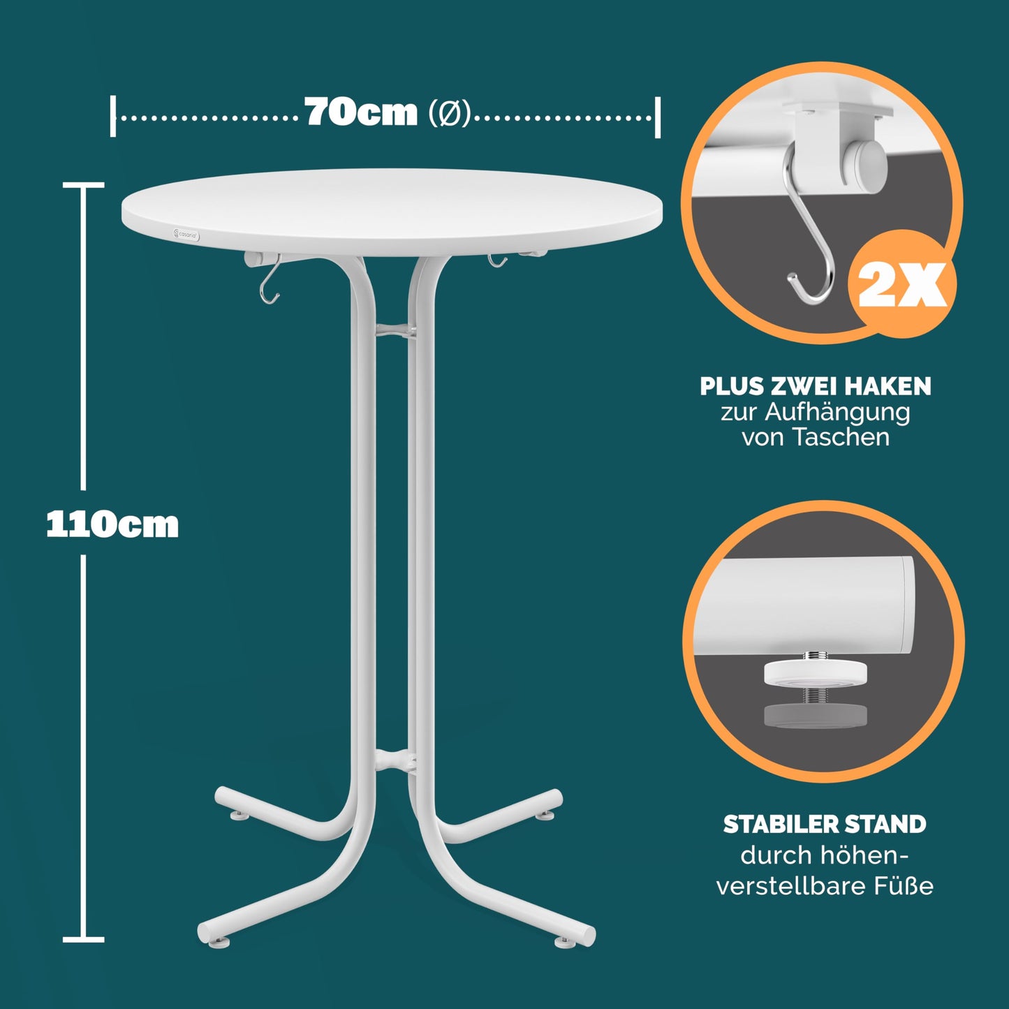 Casaria® Stehtisch Ø 70 cm Klappbar Rund Stabil Garten Hoch Holz pulverbeschichtet Metall Hochtisch Bistrotisch Partytisch Bartisch Biertisch Weiß