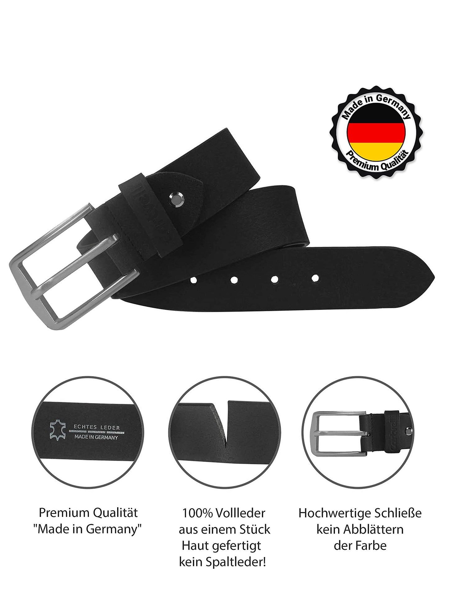 Cartvelli Herren Ledergürtel Schwarz 120cm Made in Germany - 40mm Echt-Leder Gürtel Schnalle Silber Herrengürtel Vollleder Jeansgürtel BS19s-120
