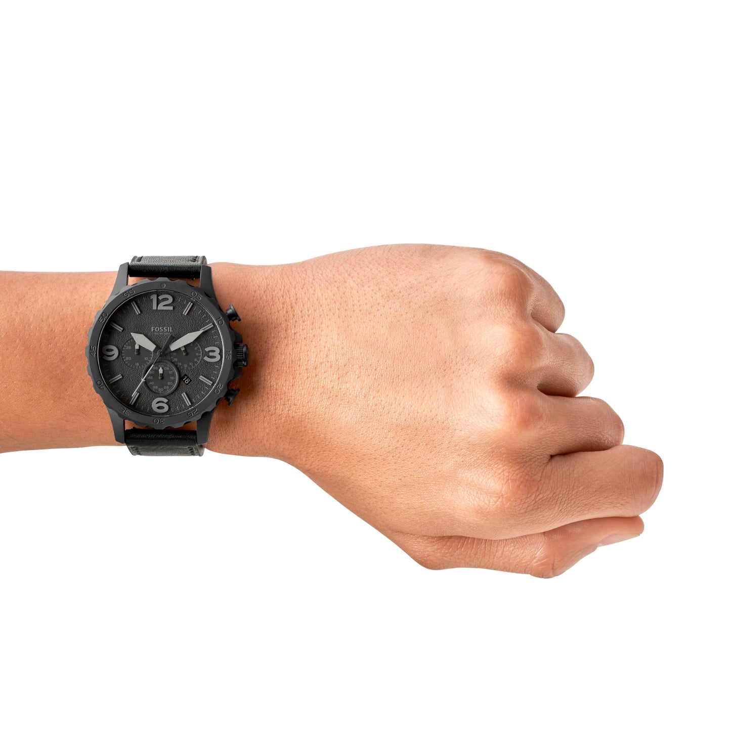 Fossil Nate uhr für Herren, Quarzwerk Chronograph mit Edelstahl- oder Lederarmband, Schwarz, 50MM