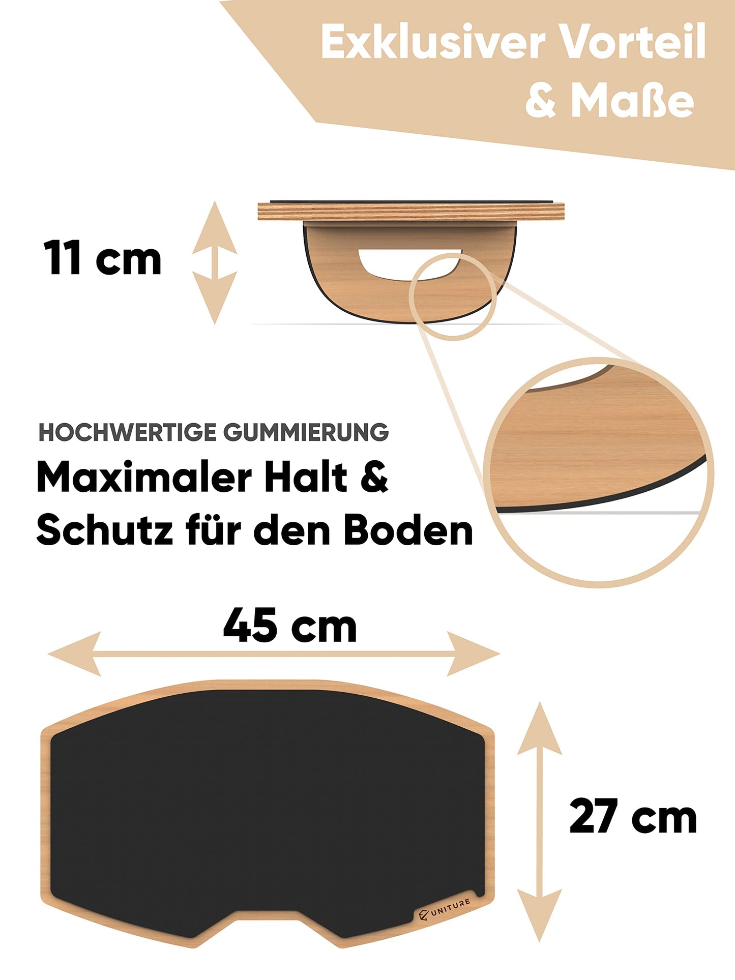 UNITURE® [NEU] Holz Fußstütze Schreibtisch Beinablage [Designed in Deutschland] Rutschfeste Fußablage Schreibtisch mit Wippfunktion - Bequemer Fußhocker fürs Büro - Footrest als Homeoffice Zubehör