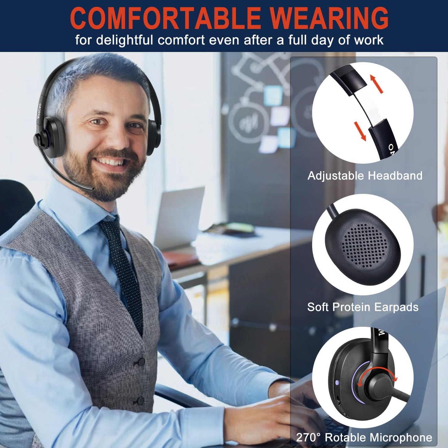 Bluetooth Headset V5.1 Klasse 1, Wireless Headset mit CVC8.0 Dual Mikrofon Noise Cancelling Headset Kabellos für Handy PC Teams Zoom Home Office, 30 Stunden+ Sprechzeit, Komfort Passform