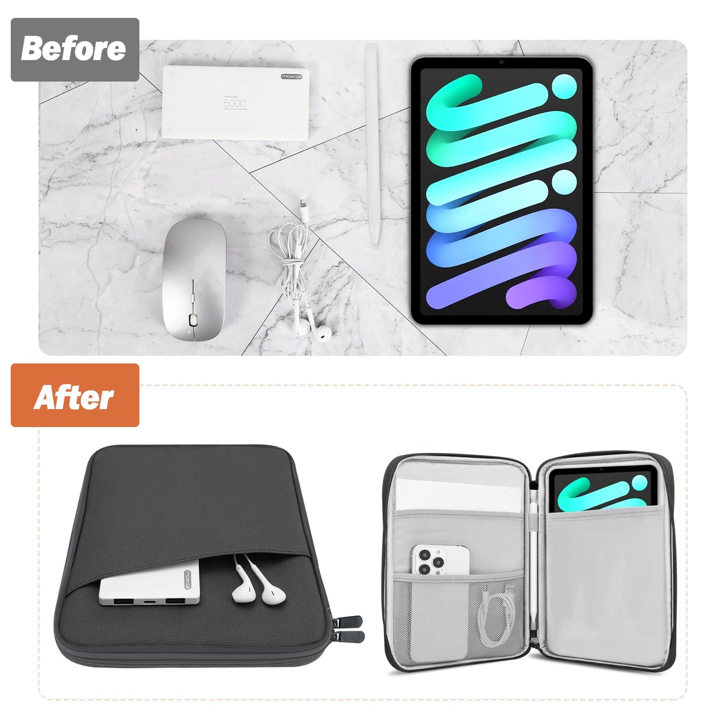 MoKo 8-9 Zoll Tablet Tasche, passend für 8,3 Zoll iPad Mini A17 Pro 2024, iPad Mini 6/5/4/3/2/1, Galaxy Tab A7 Lite 8.7 / Tab A 8.0/Tab A 8.4, Schutzhülle Tragetasche mit schräger Tasche, Dunkel Grau