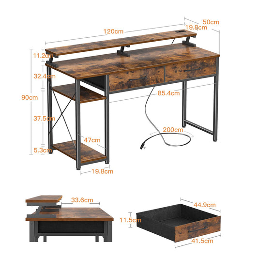 ODK Schreibtisch mit 2 Schubladen, Computertisch mit Regalen und Monitorständer, Bürotisch mit Bücherregal, Computertisch Klein PC-Tisch Officetisch für Home Office, 120x50x87cm, Rustikales Braun