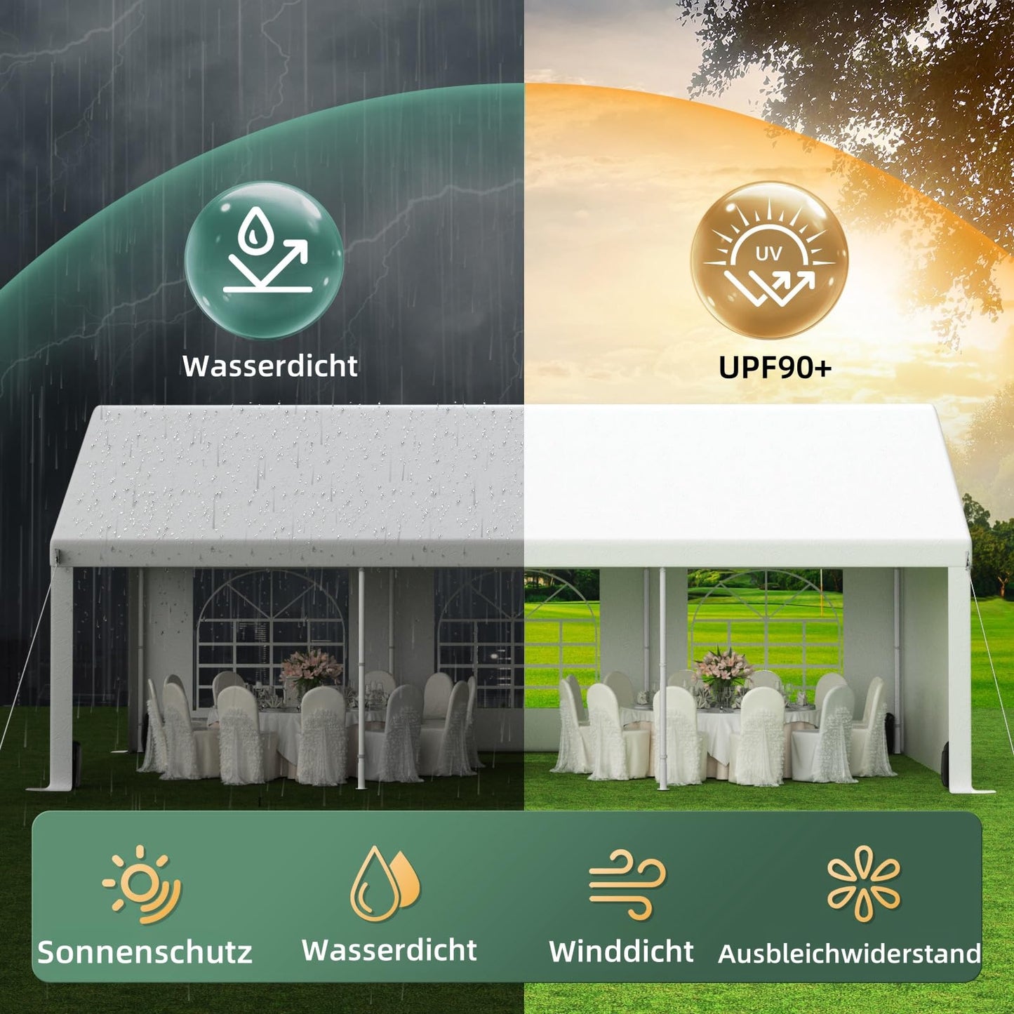 Schwerlast Partyzelt 3x6m | Weiße Pavillon 450N Robustes Solarabdeckplane Gartenzelt mit 4 Abnehmbare Seitenwände | UV-Schutz 99% Zelt Wasserdicht Stabil Pavillon für Party, Hochzeit,Nacht