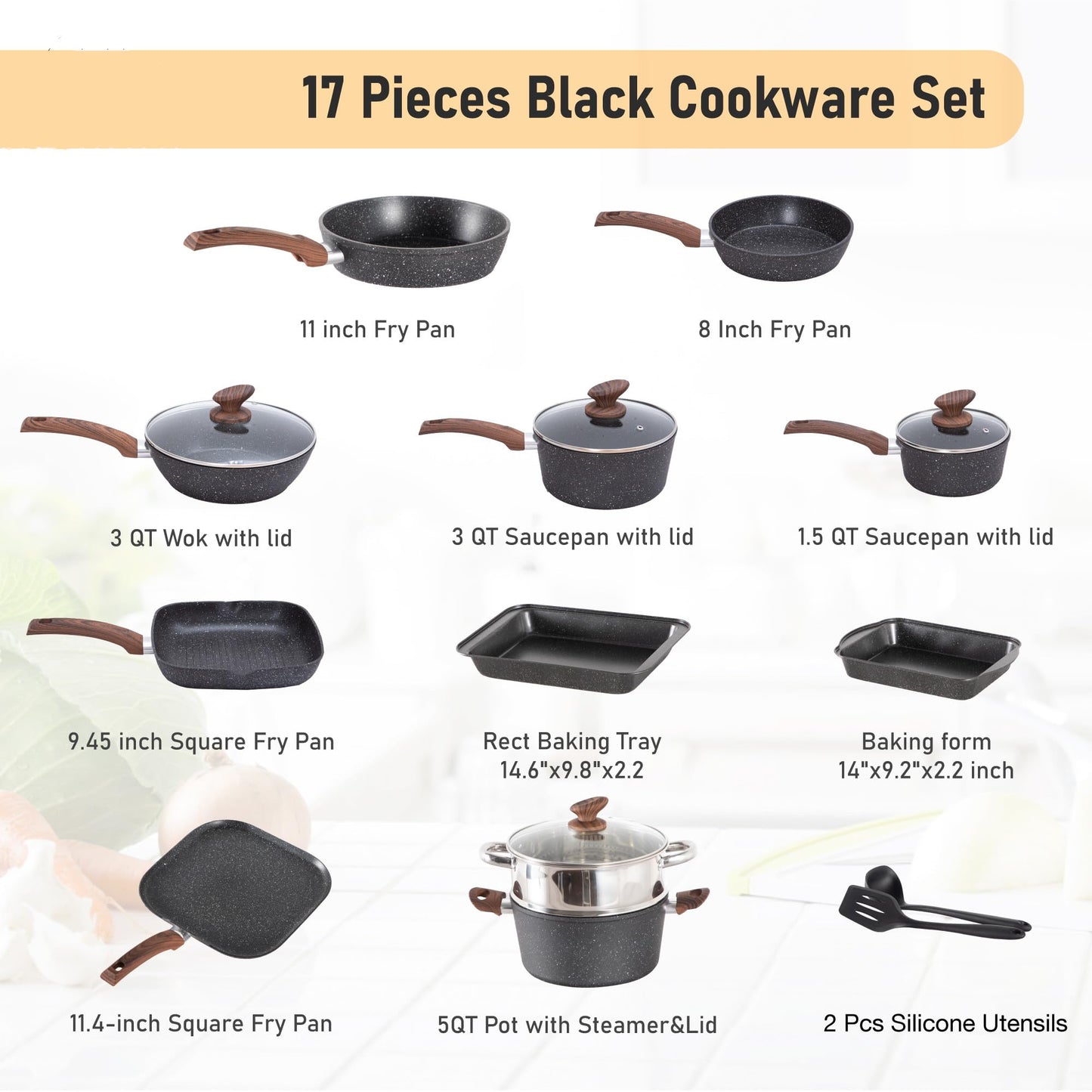 Kitchen Academy Topfset 17-teiliges Induktions-Kochgeschirr-Set mit Glasdeckeln und Granitbeschichtung inkl. Pfannen und Töpfe (schwarz 17 tlg)