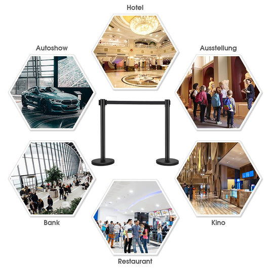 COSTWAY 4er Set Absperrungen Personenleitsystem, Edelstahl Absperrpfosten Abgrenzungsständer mit einziehbaren Gurt, Gurtpfosten für Eröffnungen Theater Veranstaltungsorte & Messen (Schwarz)