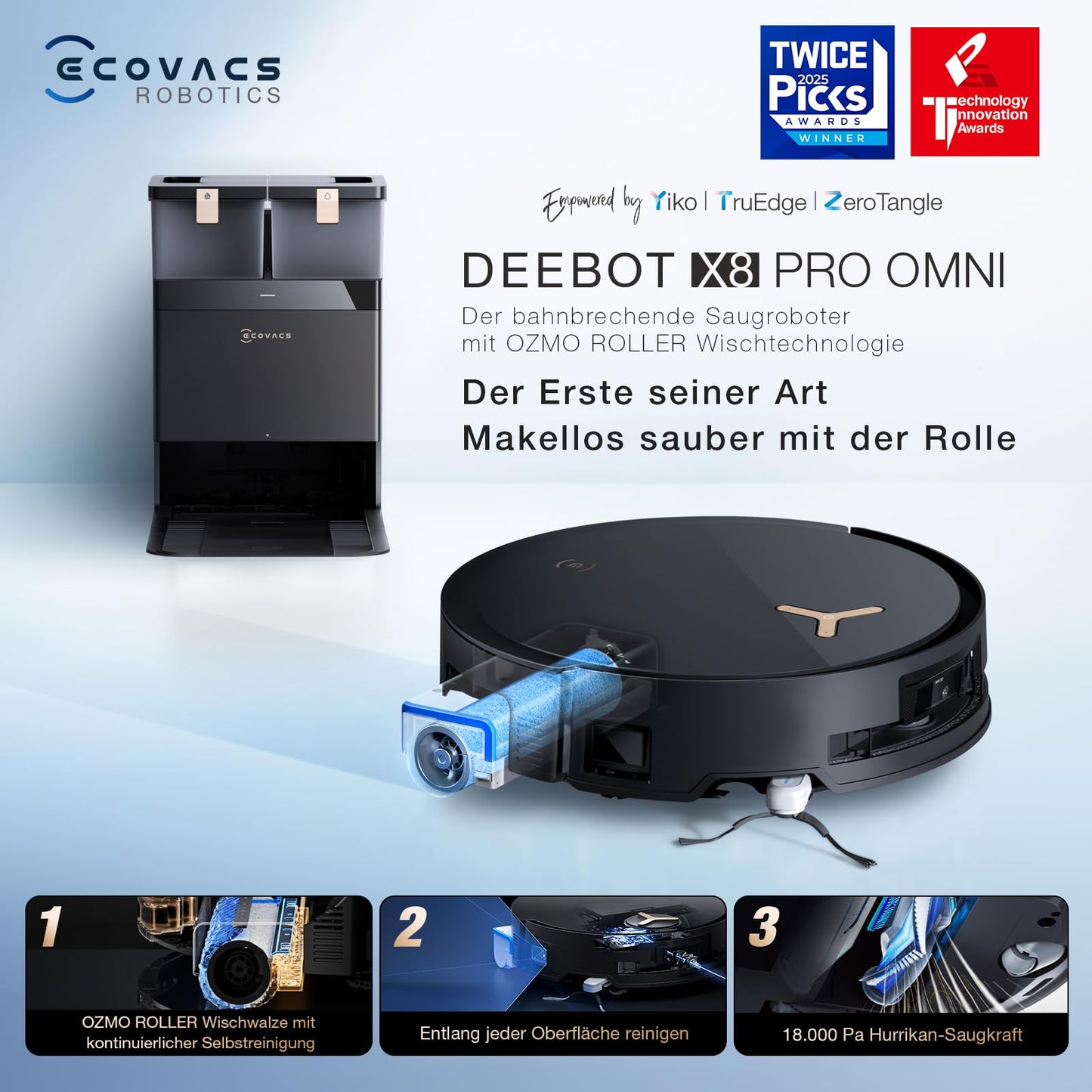 ECOVACS DEEBOT X8 PRO Omni Saugroboter mit Wischfunktion, 18.000 Pa, OZMO Roller Wischwalze mit kontinuierlicher Selbstreinigung, Moppreinigung mit Heißwasser 40–75 °C, autom. Reinigungsmittelzugabe