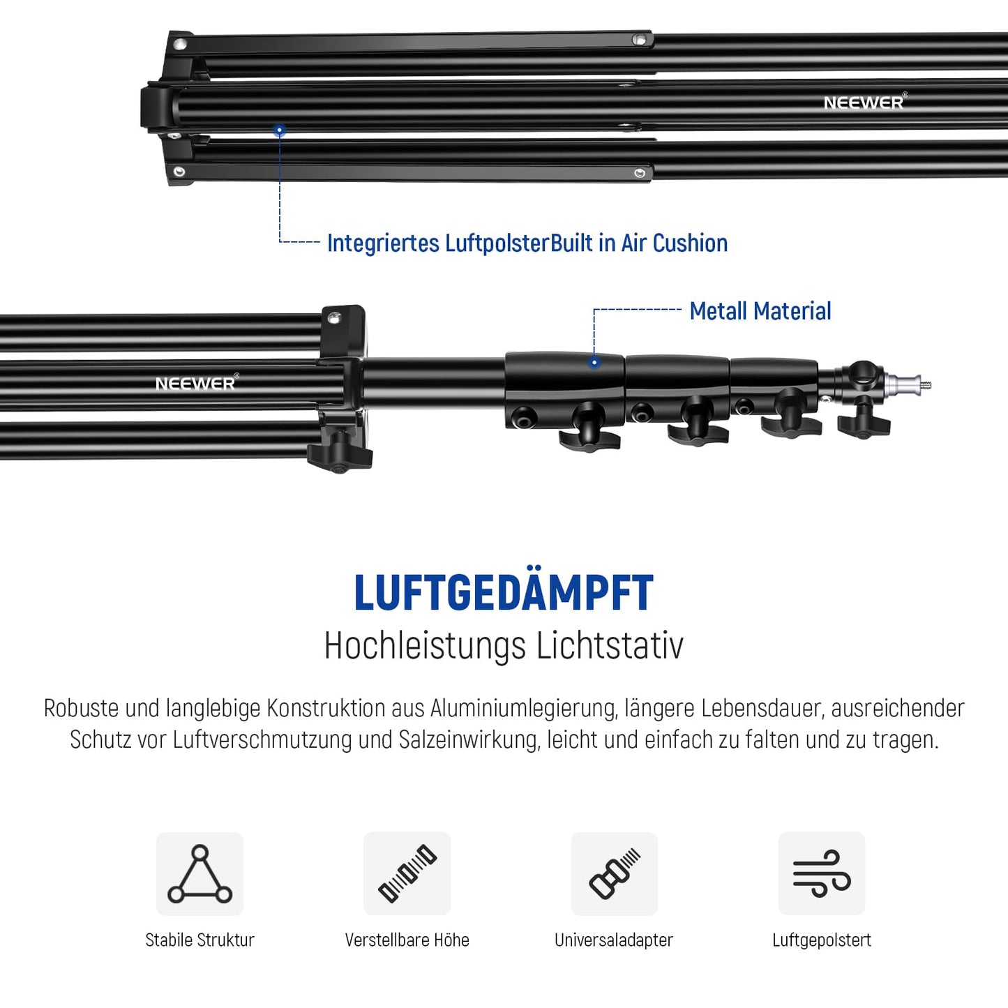 NEEWER 4m Lichtstativ, Luftgepolstertes Heavy Duty Metallstativ für Ringlicht Fotografie Lampen mit 1/4" zu 3/8" Schraubadapter und 3 Wege Schnittstellen, Tragfähigkeit: 3kg, ST-400AC