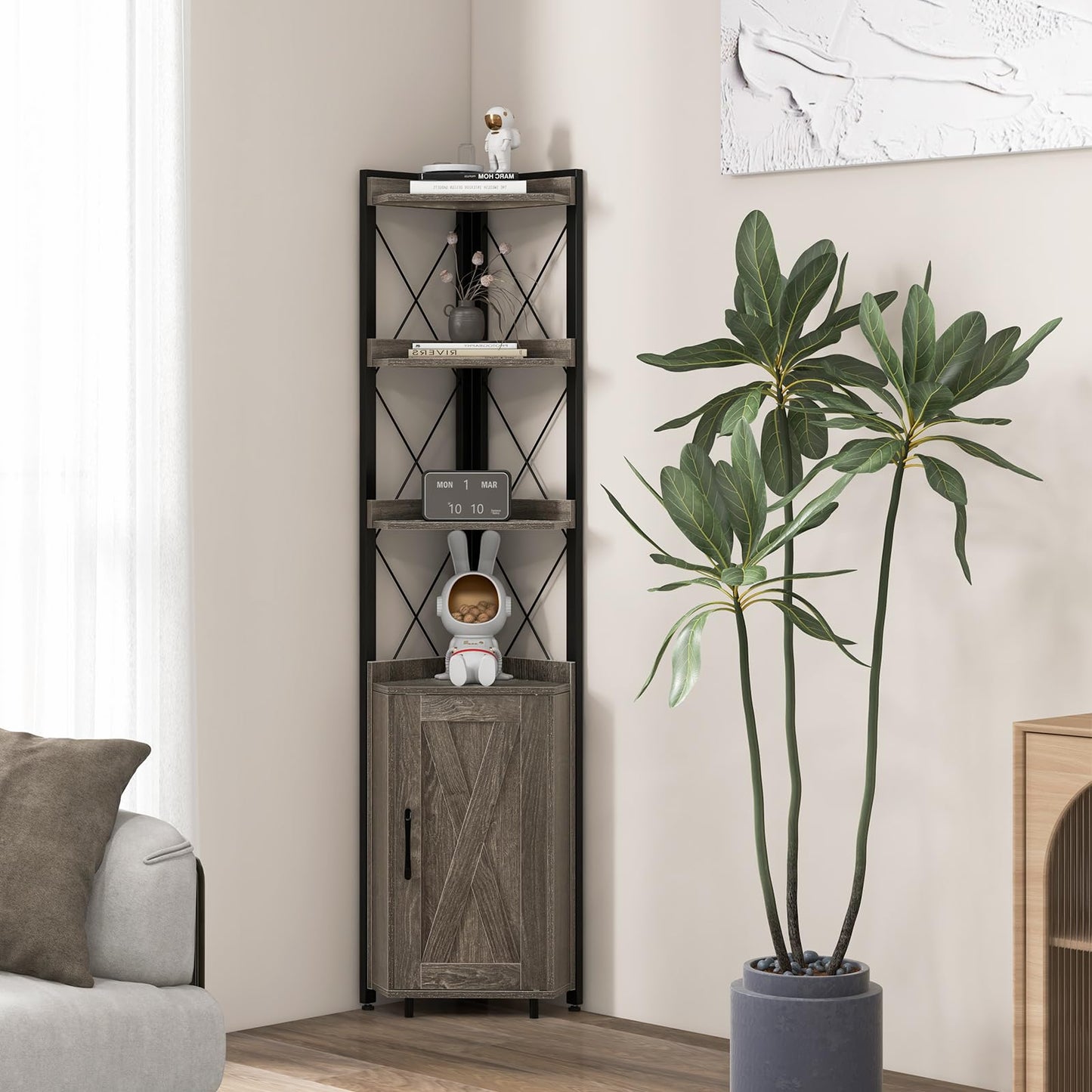 COSTWAY 6-stöckiges Bücherregal, Standregal industriell, Hochschrank schmal mit 4 Ablagen & verstellbaren Regalen, Küchenschrank Eckschrank platzsparend, 48 x 32 x 180 cm (Grau)