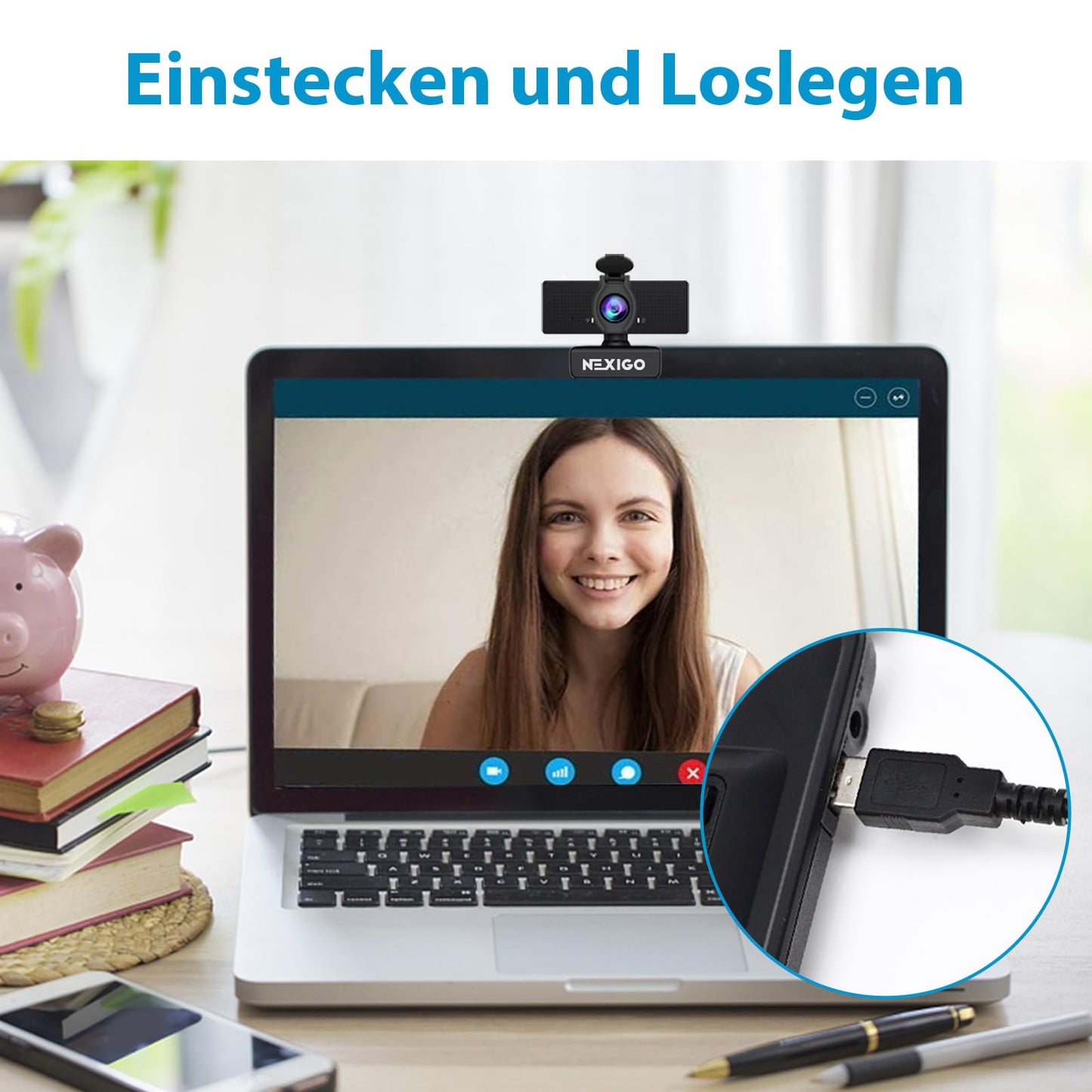 NexiGo N60 1080P Webcam, HD-Webcam mit Mikrofon, Softwaresteuerung und Datenschutzabdeckung, USB-Computerkamera, Sichtfeld mit 110°, Plug-and-Play, für Zoom/Skype/Teams, Konferenzen und Videoanrufe