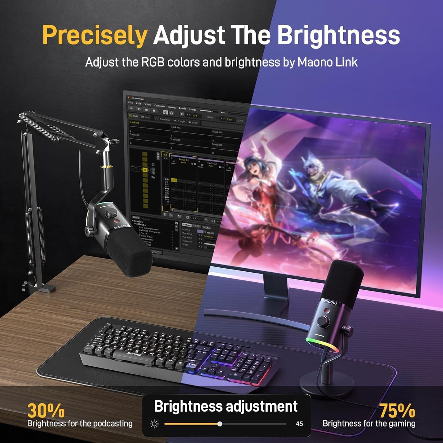 MAONO XLR/USB Streaming Mikrofon mit Arm: Dynamisches Mikrofon mit Software, Stummschalttaste, Gain-Regler, für Podcast, PC Gaming, Aufnahme, YouTube-Inhaltserstellung, Chat, PS4/5 Mac Mixer (PD100XS)