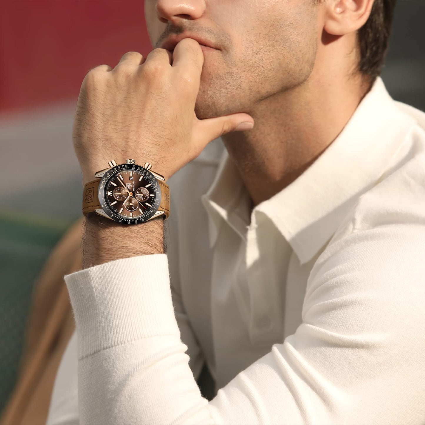 BENYAR Uhren Herren Chronograph Analog Quarz Braun Lederarmband Armbanduhr Herren Wasserdicht Leuchtende Datum Herrenuhr Mode Lässig Sport Business-Kleid Uhren fur Männer Elegantes Geschenk