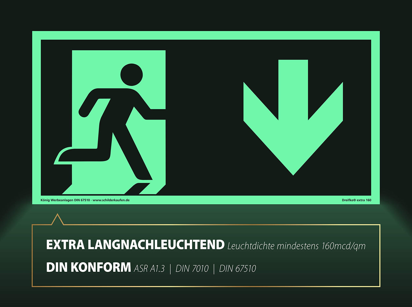 Schild Notausgang | extra langnachleuchtend | PVC selbstklebend 297x148mm | gemäß ASR A1.3 DIN 7010 DIN 67510 | Notausgangsschild Pfeil nach unten | Fluchtwegschild Rettungsweg | Dreifke® extra 160