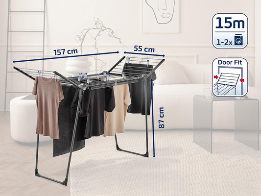 Leifheit Standtrockner Pegasus 150 Solid Black Edition, standfester Wäscheständer mit Flügeln auch für lange Kleidungsstücke, besonders schmaler Flügelwäschetrockner passt auch durch enge Türen