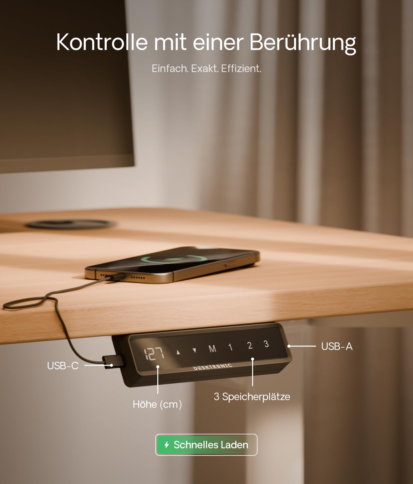 Desktronic Höhenverstellbarer Schreibtisch (160x80cm) - Schreibtisch Höhenverstellbar Elektrisch mit Flüsterleisem Dual-Motor & Touchscreen - Hohe Tragfähigkeit - Stehtisch HomePro