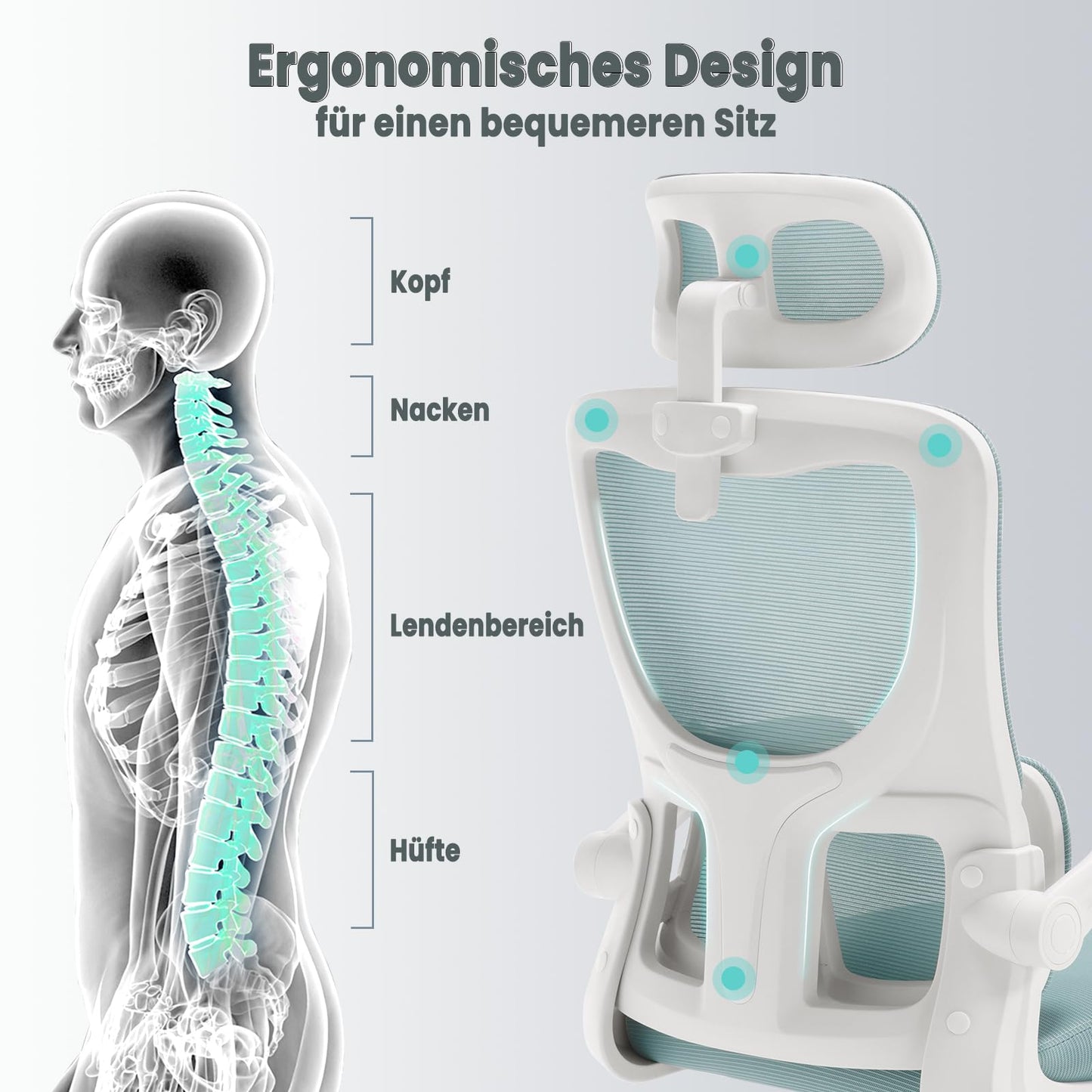 WOLTU ergonomischer Bürostuhl mit Netzstoff & Lendenstütze, Blau