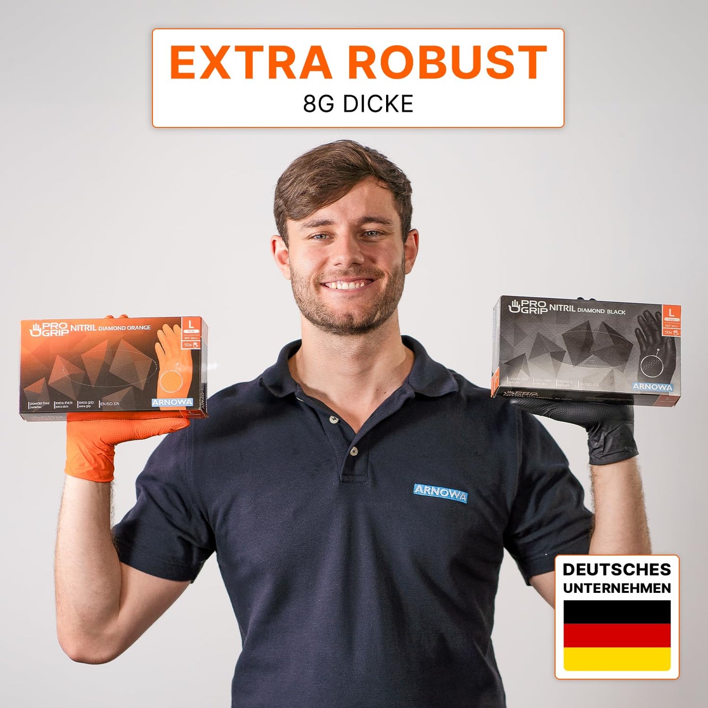 PROGRIP Einweghandschuhe Diamant Grip, Schwarz, Einmalhandschuhe Extra Stark, Nitrilhandschuhe Gr. L, 2x dicker, Handschuhe Einweg, Arbeitshandschuhe für Werkstatt & Montage, 50 Stk/Box
