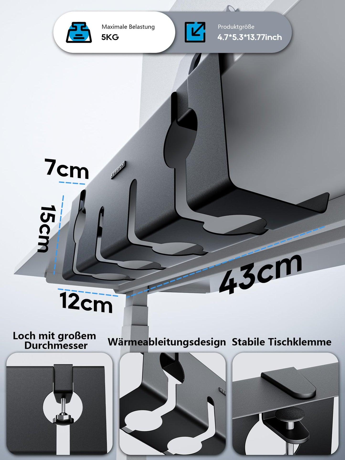 NODOCA Kabelmanagement unter dem Schreibtisch, Ohne Bohren Untertisch Kabelmanagement, Kabelkanal Schreibtisch, Kabelkorb zum Verwalten von Kabeln und Steckdosenleisten - 43×15×12cm, Schwarz