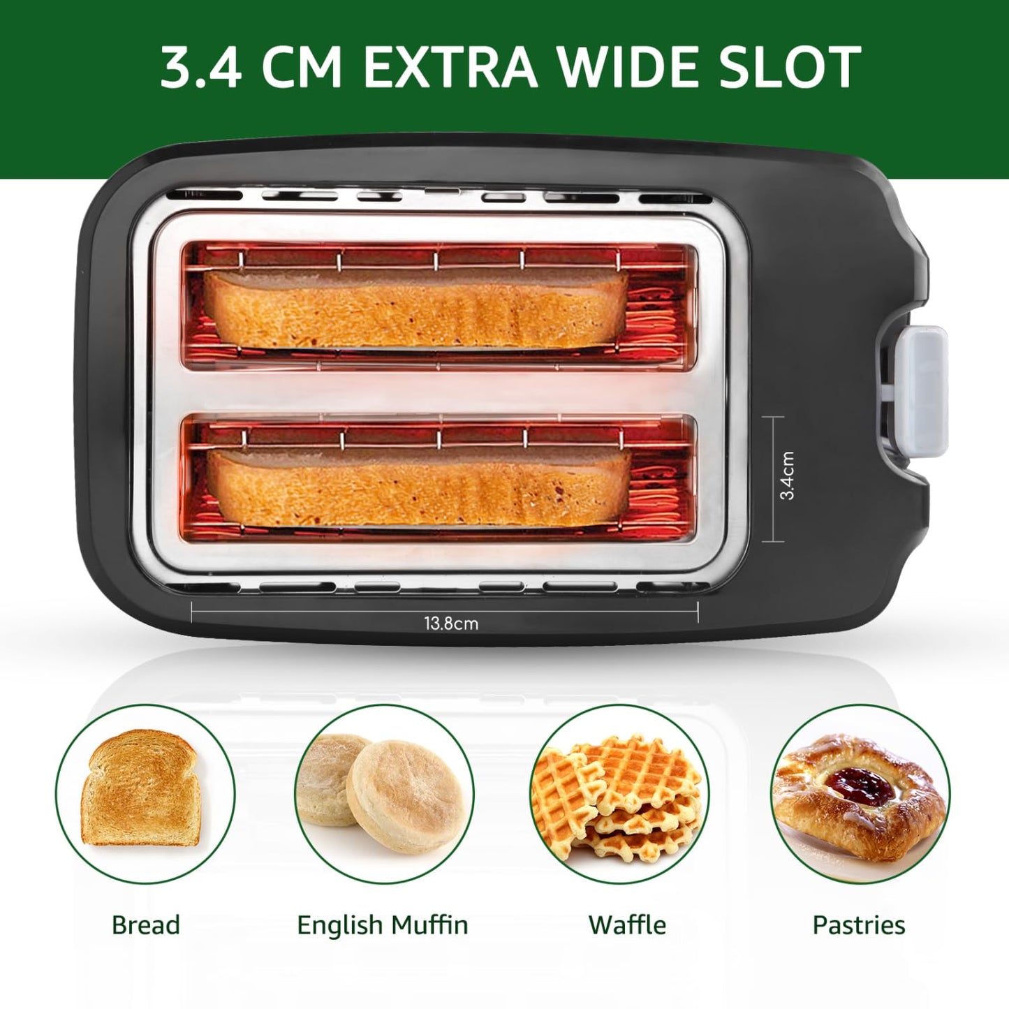 Aigostar Toaster,7 Einstellbare Bräunungsstufe + Auftau- & Aufwärmfunktion,2 Breite Toastschlitze,750W, Sandwichtoaster Schwarz