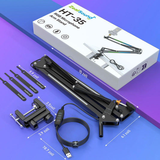 ZealSound Mikrofon Arm, HT35 Mikrofonarm Ständer mit einstellbar RGB-Lichteffekt, 5/8" Adapter, kompatibel mit HyperX QuadCast S/ProCast/Duocast, Blue Yeti/Snowball/Shure SM7B/Rode NT1/Elgato usw.