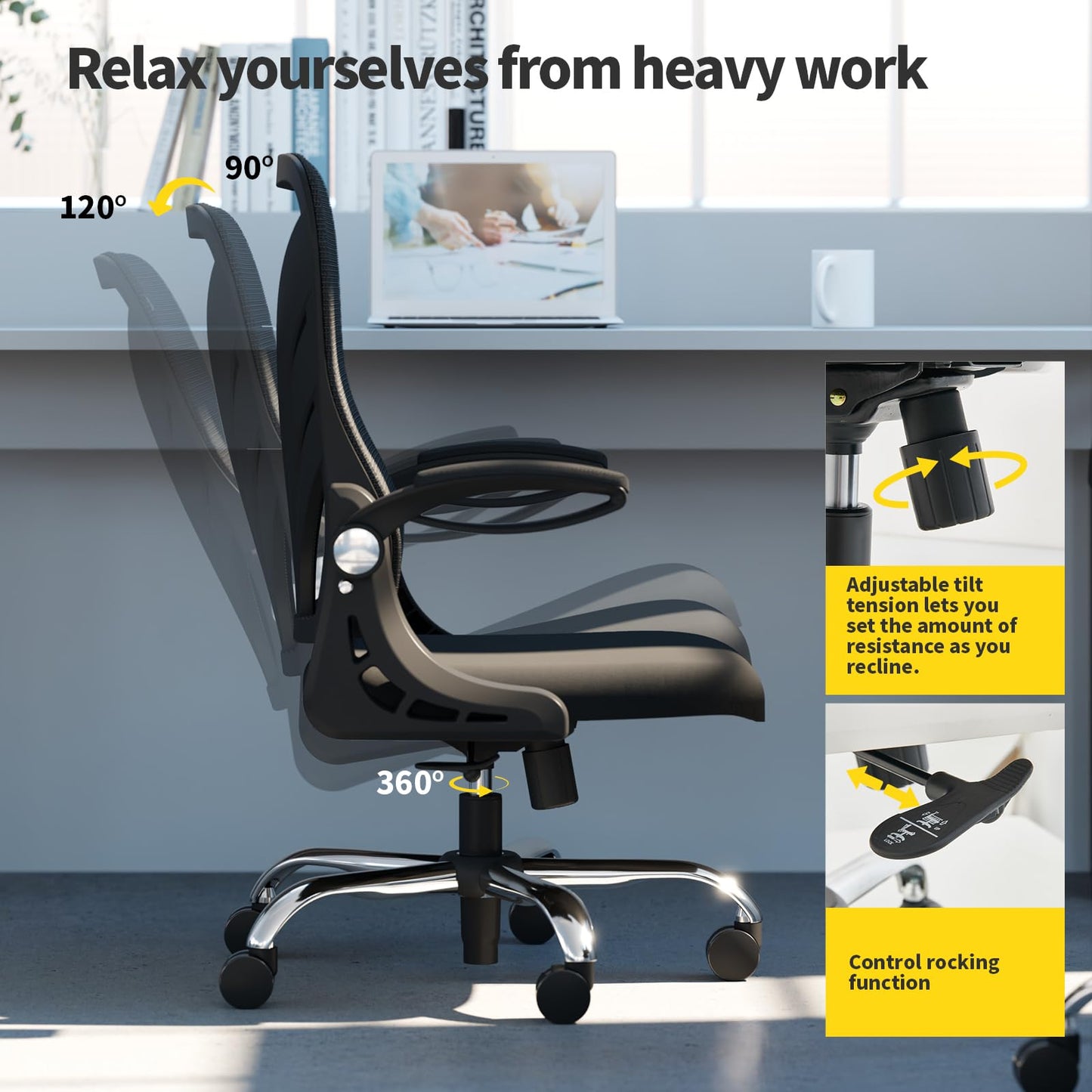 HOLLUDLE Ergonomischer Bürostuhl mit Klappbarer Rückenlehne, Schreibtischstuhl mit Erweitertem Sitz(52 cm), Hochklappbaren Armlehnen und Mesh Lendenwirbelstütze Drehstuhl Computerstuhl, Schwarz