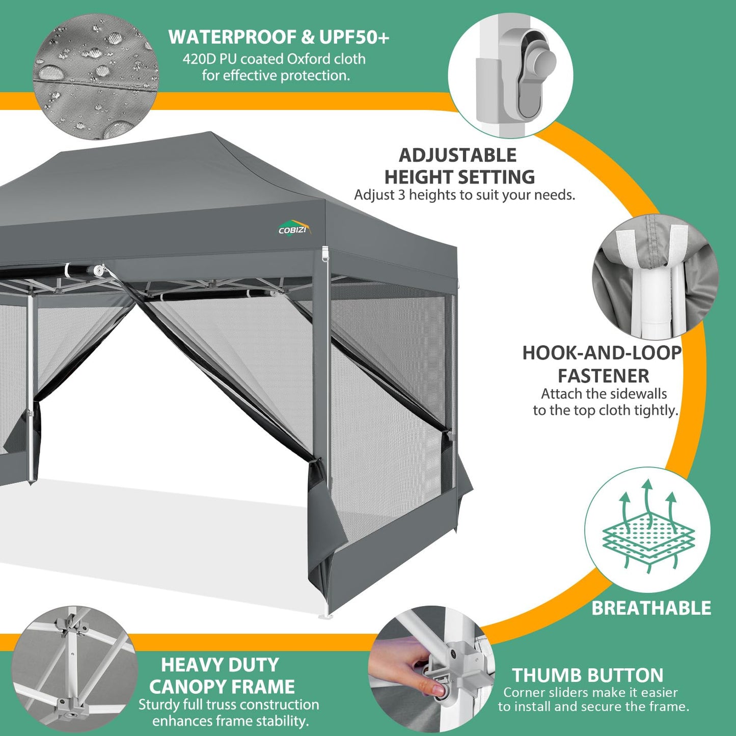 COBIZI Pavillon 3x4,5 Faltpavillon 3x4,5 Wasserdicht Stabil, Pop up Pavillon Faltbar, Partyzelt Gartenpavillon, Pavillion Klappbar 3x4,5 UV-Schutz mit 4 Seitenwänden aus Mesh, Grau