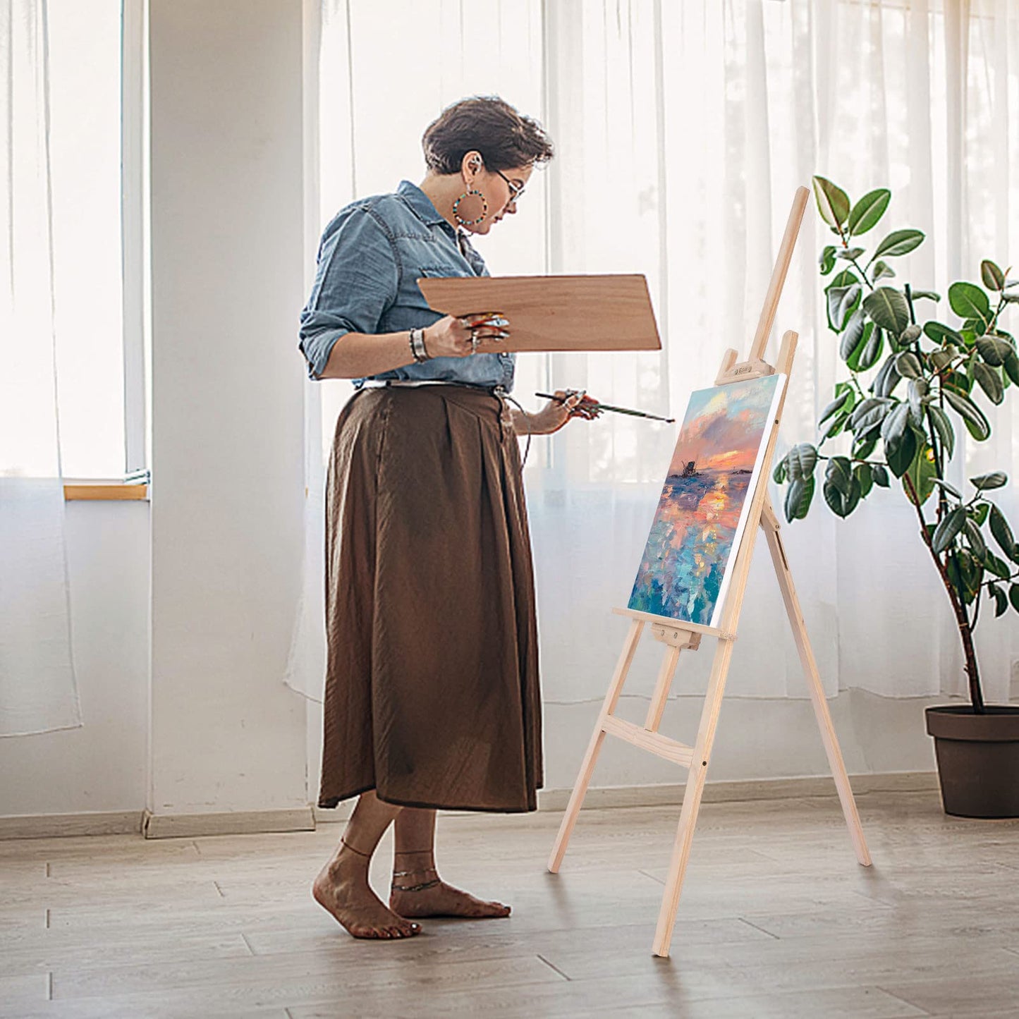 Viesap Staffelei, 150CM Hoch Holz, Bild Ständer Aus Vollholz, Klappbar Und Höhenverstellbar, Groß, Für Kunstmalerei Und Außenwerbung Geeignet, Kinder Und Erwachsene.