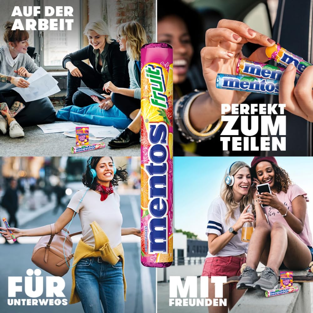 Mentos Fruit Dragees Multipack, 40 Rollen (532 g), Vegane Fruchtbonbons mit Orange, Zitrone, Erdbeere