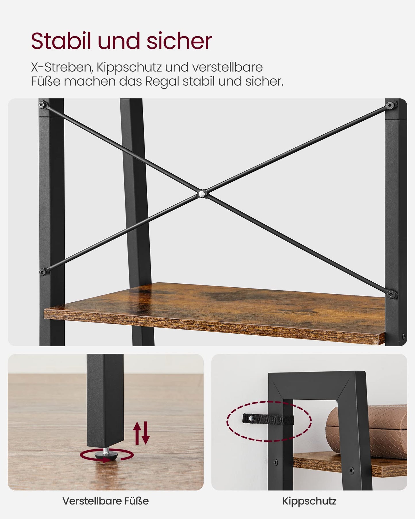 VASAGLE Standregal, Bücherregal mit 5 Ablagen, mit Metallgestell, einfache Montage, für Wohnzimmer, Schlafzimmer, Küche, 56 x 34 x 172 cm (L x B x H), vintagebraun-schwarz LLS45X
