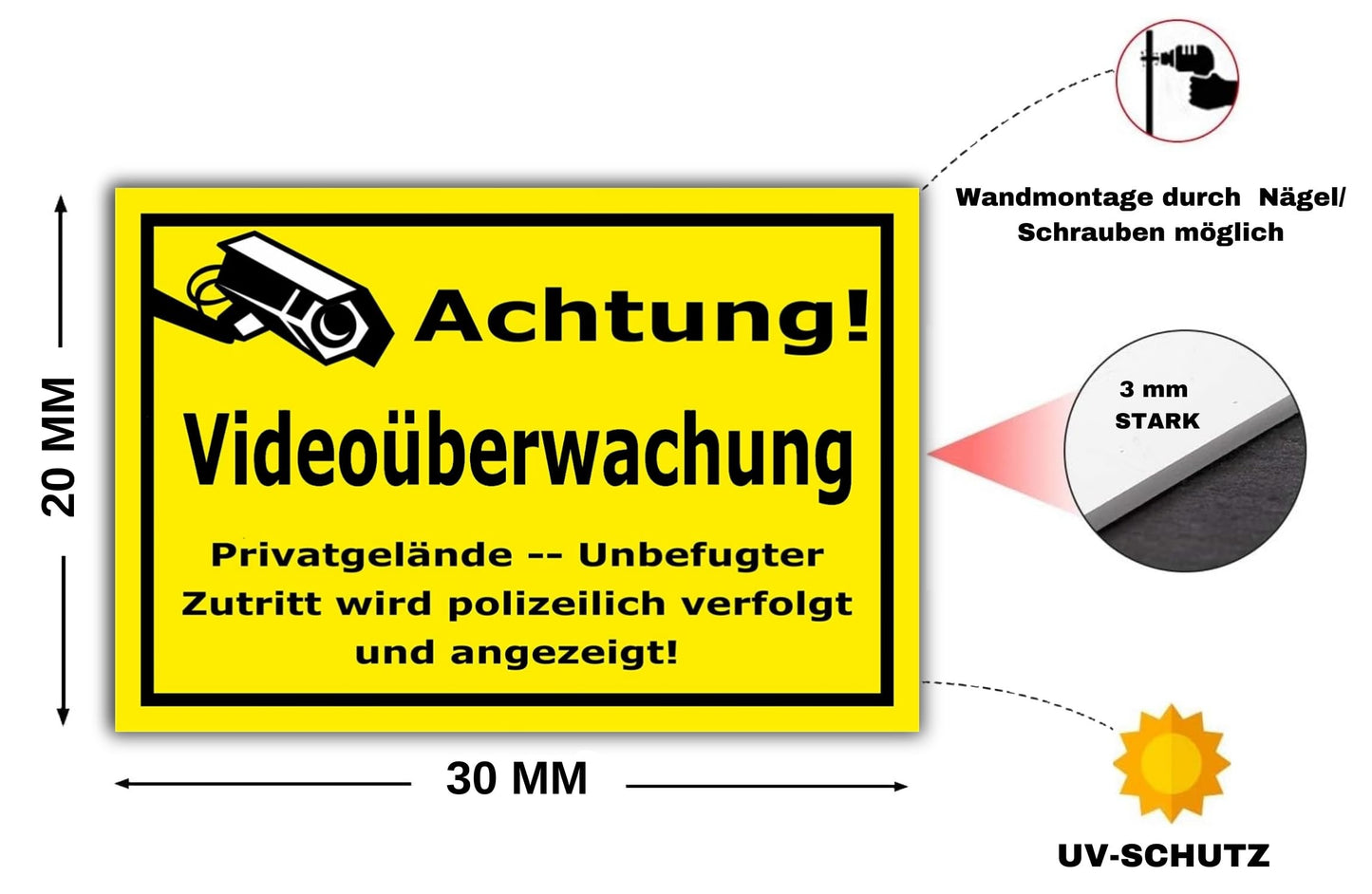 2 Stück - Videoüberwachung Schild (30x20 cm 3 mm Kunststoff) - schild videoüberwachung privatgrundstück - Achtung Videoüberwachung Schild - Warnschilder und Hinweisschilder
