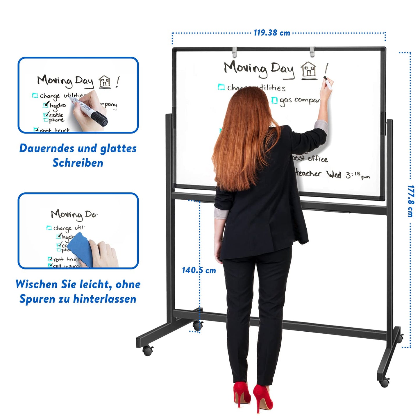 maxtek Mobiles Whiteboard, 120 x 80 cm Doppelseitiges Whiteboard mit Ständer, Magnetische, Aluminiumrahmen - mit Stifte, Schwämme, Magnete