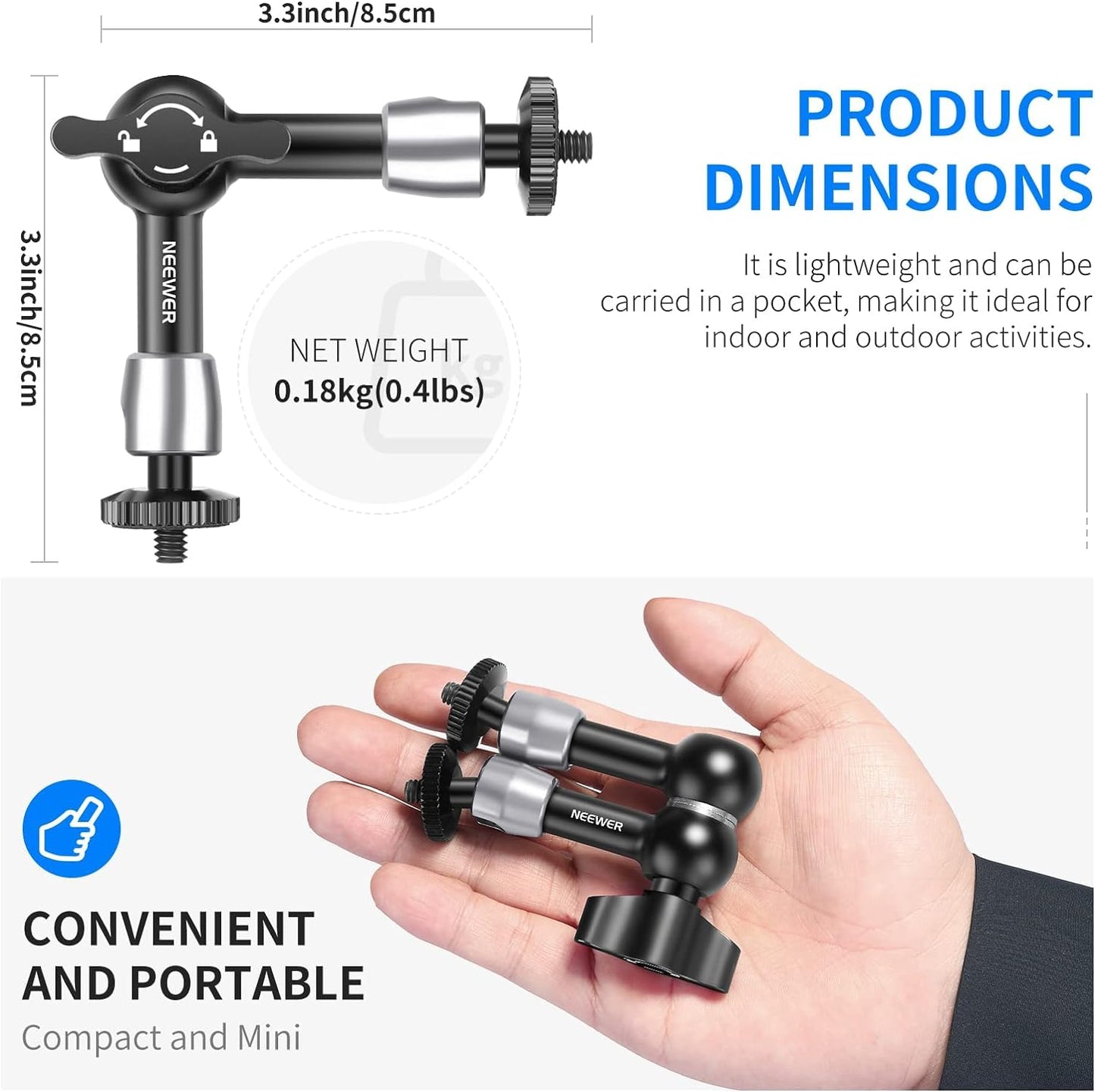 NEEWER 5.9"/15cm Verstellbarer Friktions Magic Arm mit 1/4“ Schraube an beiden Enden, kompatibel mit SmallRig Cage, Blitz/LED-Licht/Mikrofon/Monitor/SuperClip, Max Load 4.4lb/2kg, ST15