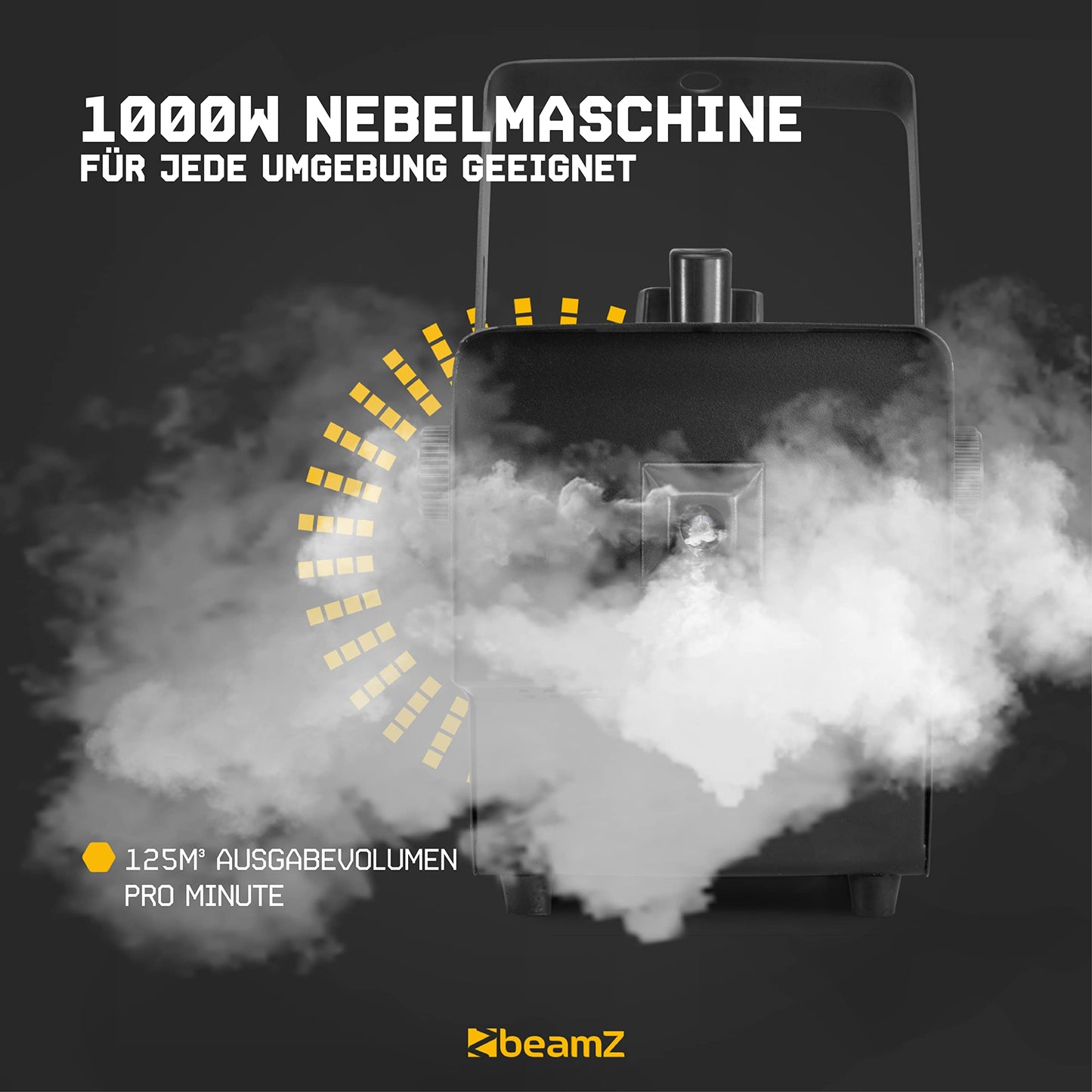 BeamZ RAGE1000 Nebelmaschine mit Lichteffekt, 1000 Watt, Fogger, Rauchmaschine, Fog Machine, Funkfernbedienung, Timer DMX, 2 Liter Tank, Disco Partynebel für DJs auf Veranstaltungen