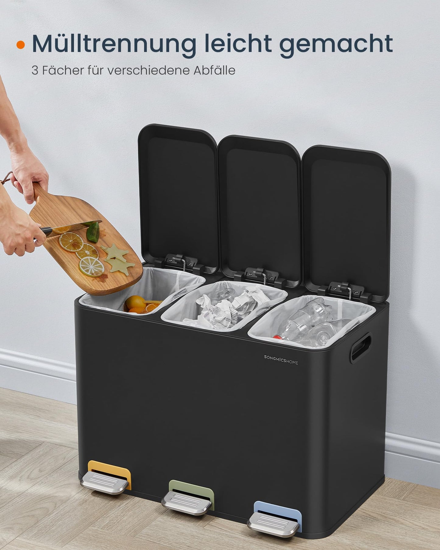 SONGMICS HOME Mülleimer Küche, 3 x 15 L Fächer, Abfalleimer mit farbcodierbaren Pedalen, Mülltrennsystem, mit Deckeln und Inneneimern, Stahl, tintenschwarz LTB740B02V1