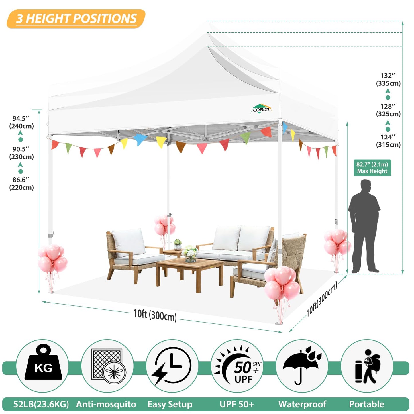 COBIZI Pavillon 3x3 Faltpavillon 3x3 Wasserdicht Stabil, Pop up Pavillon Faltbar, Partyzelt Gartenpavillon, Pavillion Klappbar 3x3 UV-Schutz mit 4 Seitenwänden aus Mesh, Weiß
