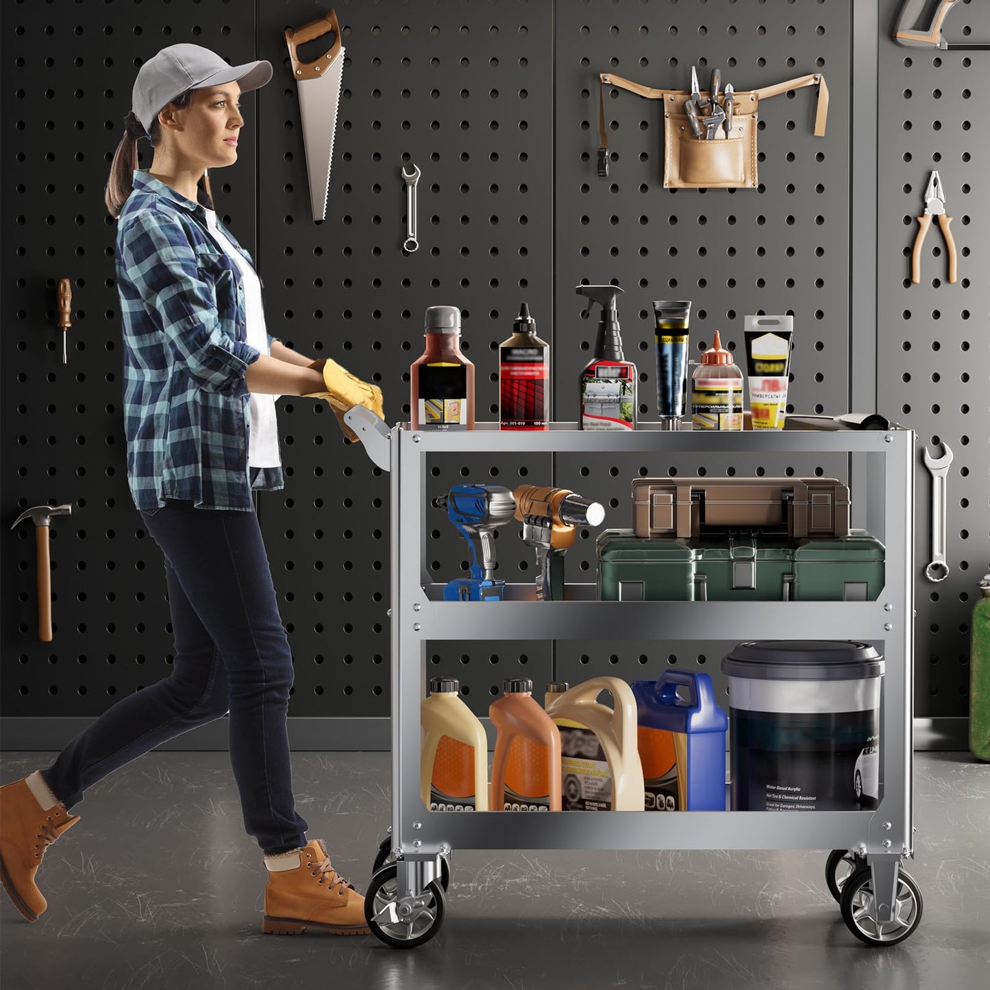 Edelstahl Rollwagen Werkstatt, 3-Etagen Rollbar Montagewagen mit 500kg Tragkraft, Multifunktionaler Materialwagen mit Rollen, Kommissionierwagen, Vielzweckwagen für Garage, Werkstatt, 78 x 46 x 92cm