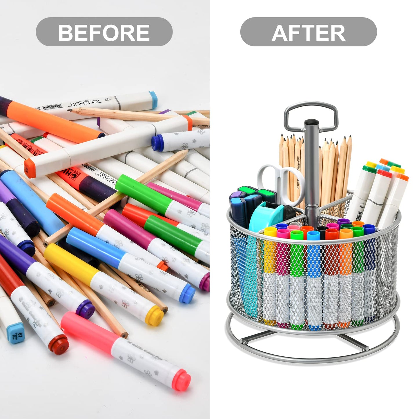 Marbrasse Mesh Schreibtisch Organizer,360Grad Drehbarer Multifunktionaler Stifthalter,4Fächer,Stiftehalter,Aufbewahrungsbox für Zuhause, Büro Stifthalter (Silber)