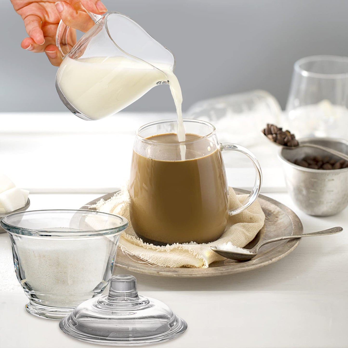 Nicunom Glas Milch und Zucker Set, Transparent Zuckerdose mit Deckel, Tee- oder Kaffeeservice-Set mit Sahnekännchen, 200 ml