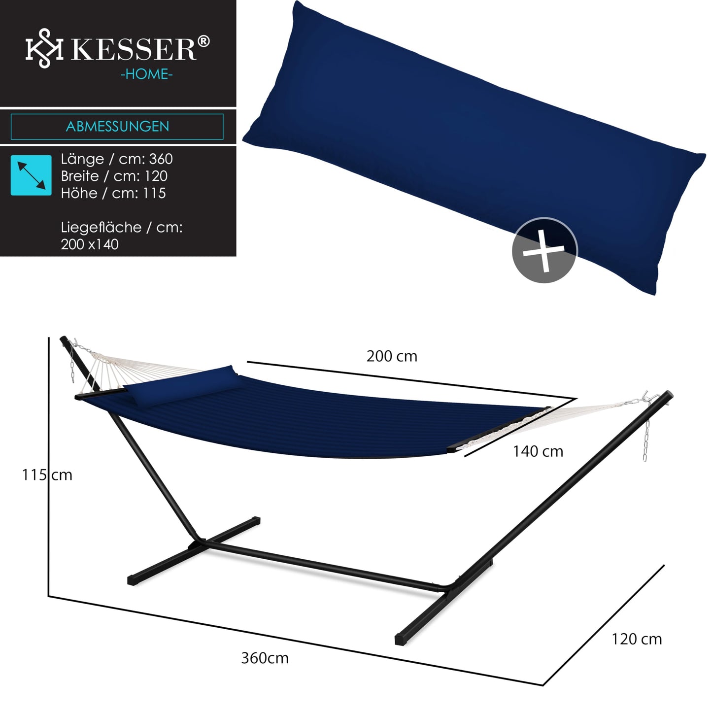 KESSER® Hängematte Hill mit Gestell Kissen Doppelhängematte für 2 Personen-Stabiler Rahmen 200kg Belastbarkeit Indoor & Outdoor XXL Hängesessel Doppel Mehrpersonen Garten Pool Balkon Terrasse Navy