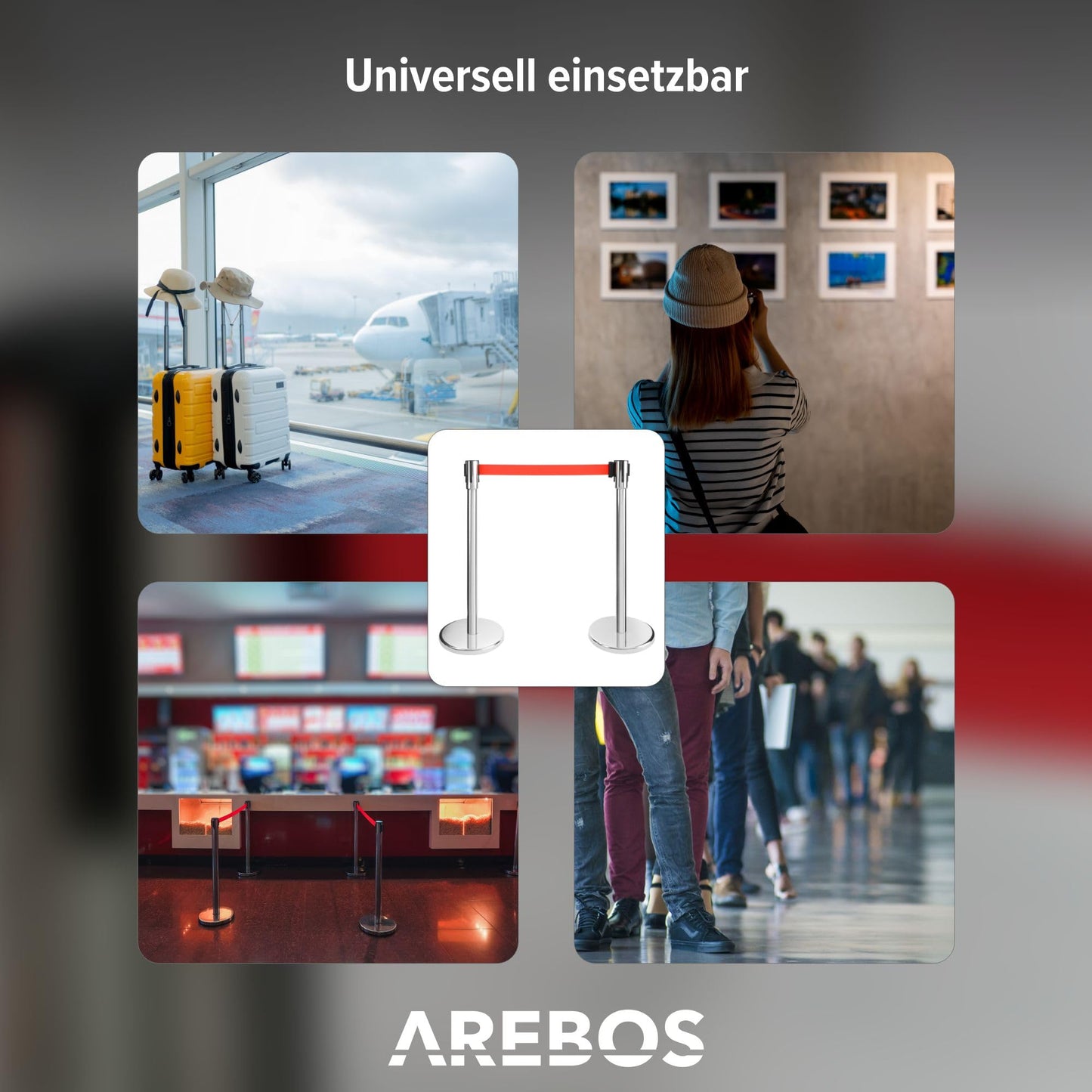 Arebos Personenleitsystem | 2 Stück | Absperrständer | Absperrband | Absperrpfosten | Abgrenzungspfosten | Bandfarbe: Rot | Bandlänge: 190 cm | im Innen- und Außenbereich einsetzbar